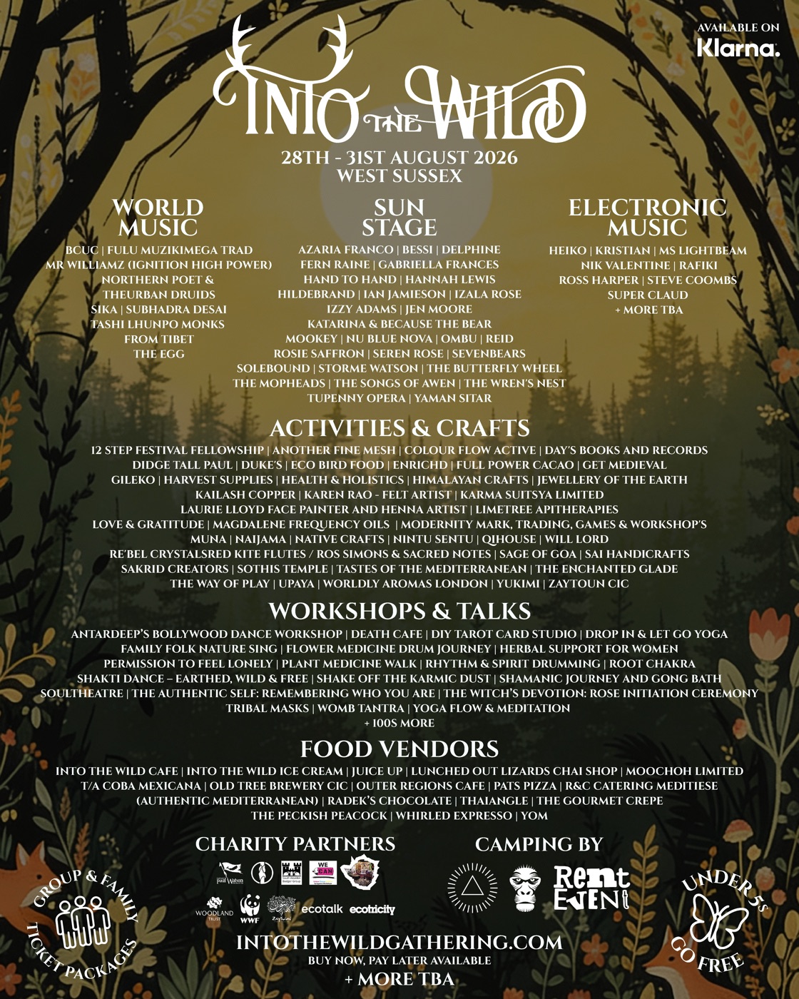 Into the Wild 2026 full line-up poster — 28th–31st August 2026, West Sussex. World Music, Sun Stage and Electronic Music artists, plus activities, crafts, workshops, talks and food vendors.